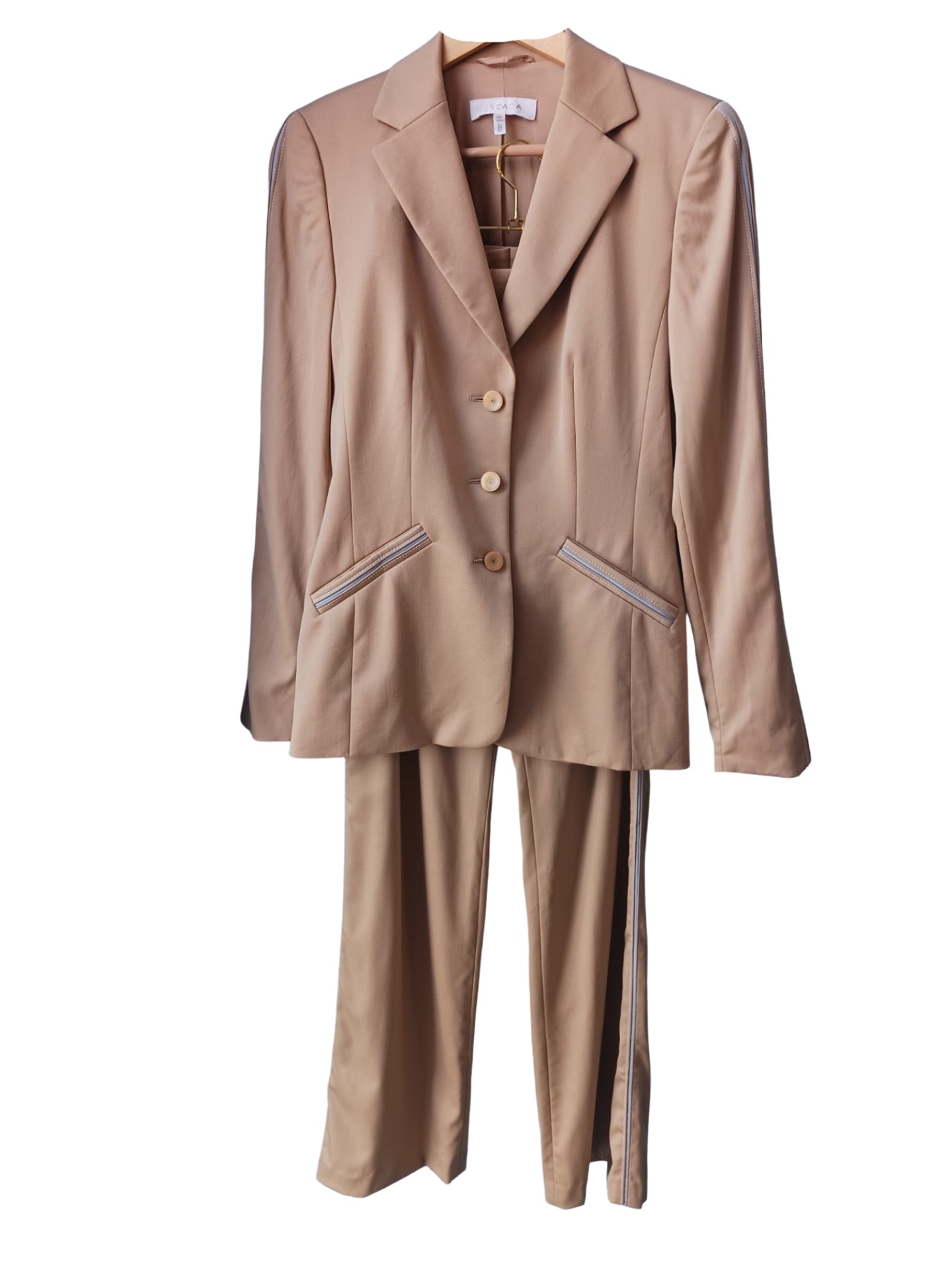 Escada Tan Pant Suit, Light Blue Side Stripe, Size 36