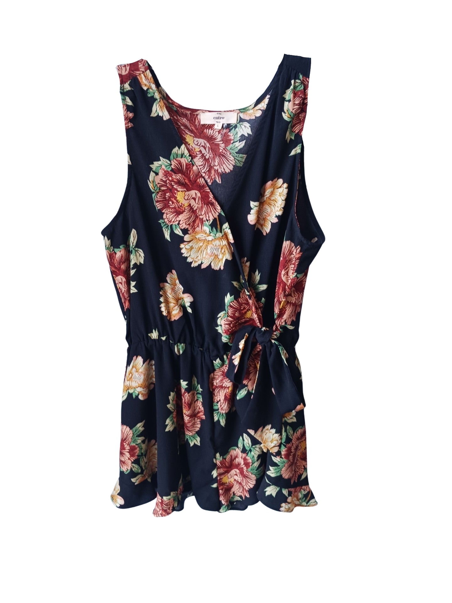 Entro Black Floral Print Romper, Size Large