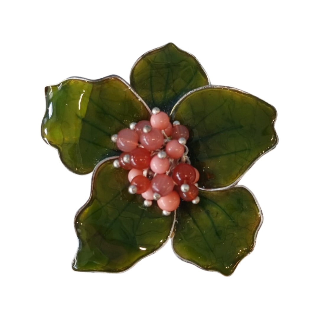 Vintage Signed Liz Claiborne Green Flower Brooch Pin