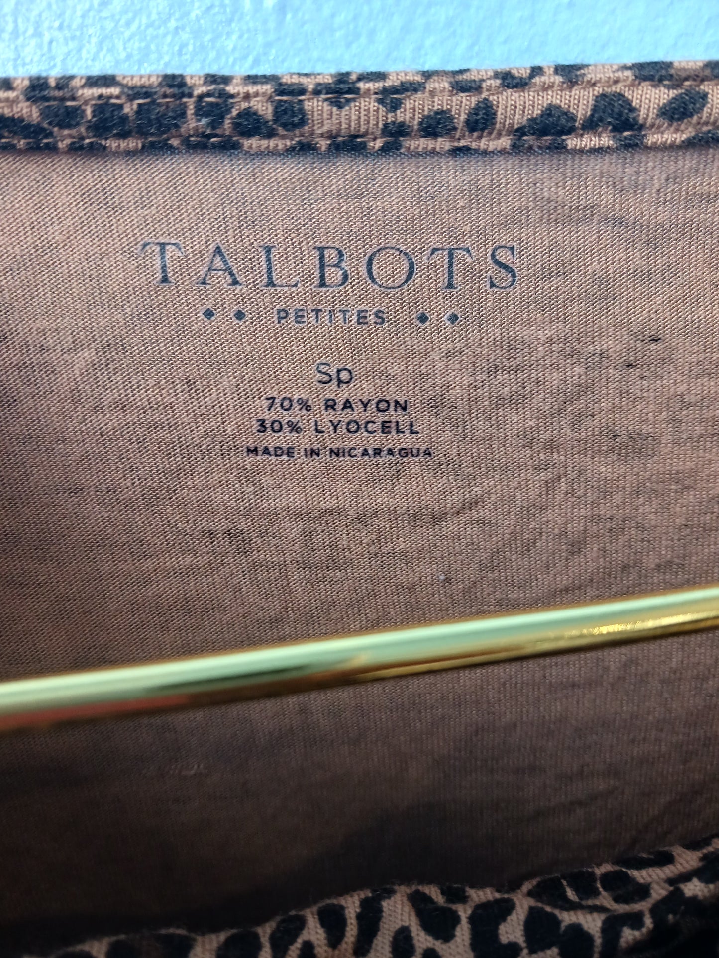 Talbots Brown Animal Print Top, 3/4 Sleeves, Size Sp