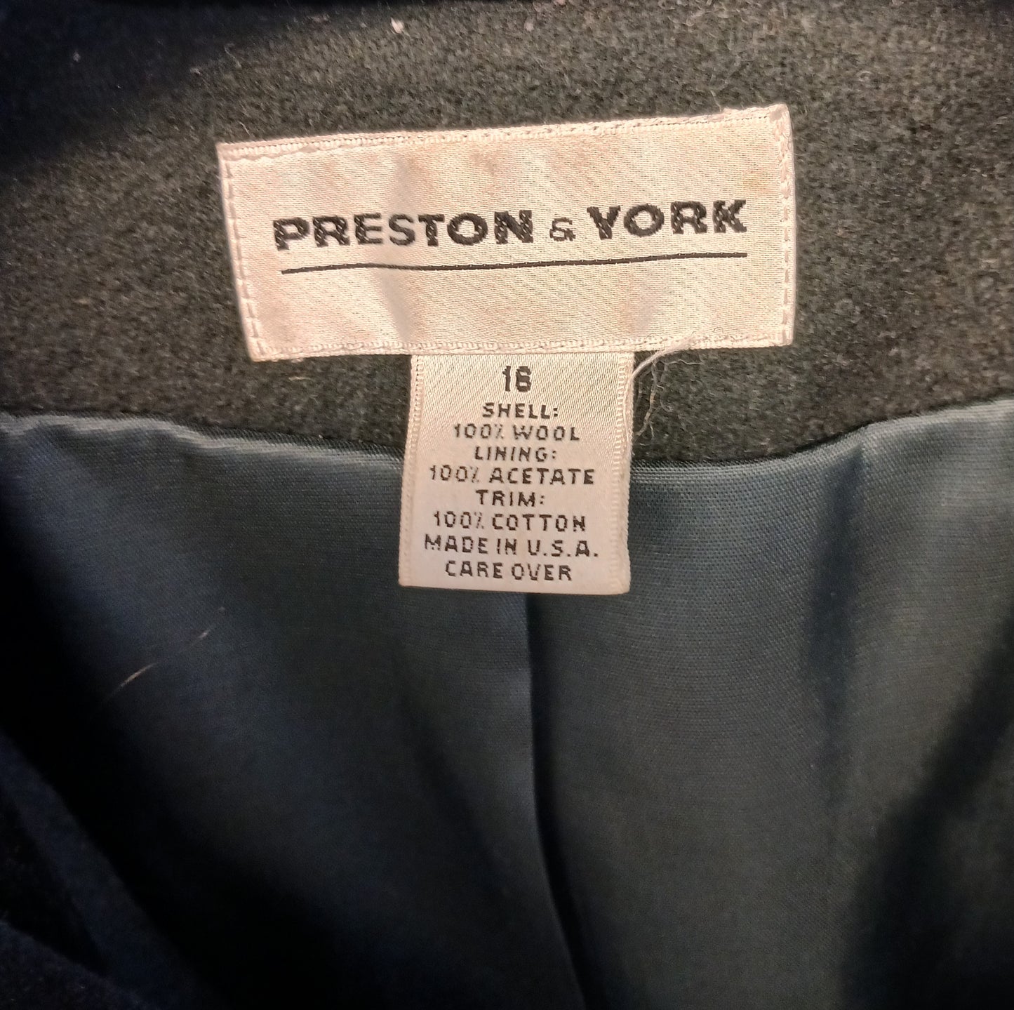 Preston & York Long Wool Coat, Dark Green, Black Velvet Trim, Size 16