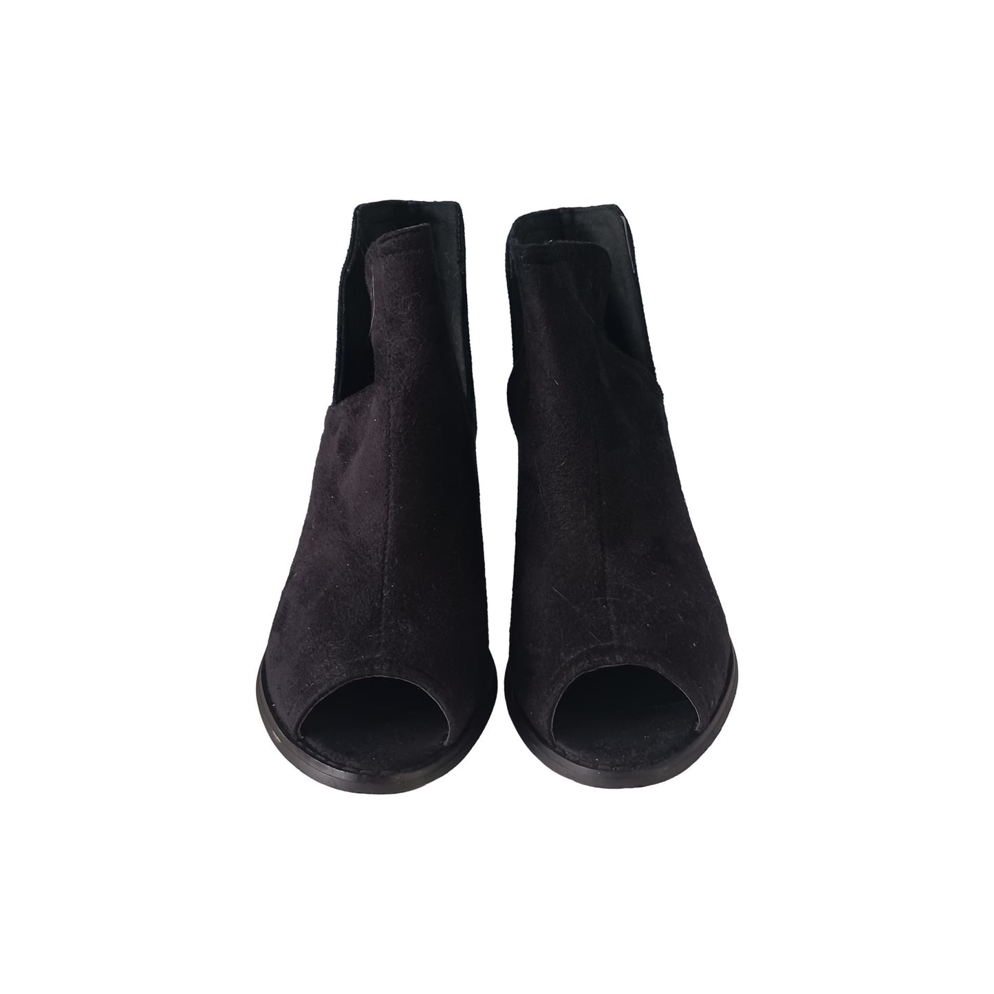 Journey Collection Black Faux Suede Open Toe Booties, Size US 7.5