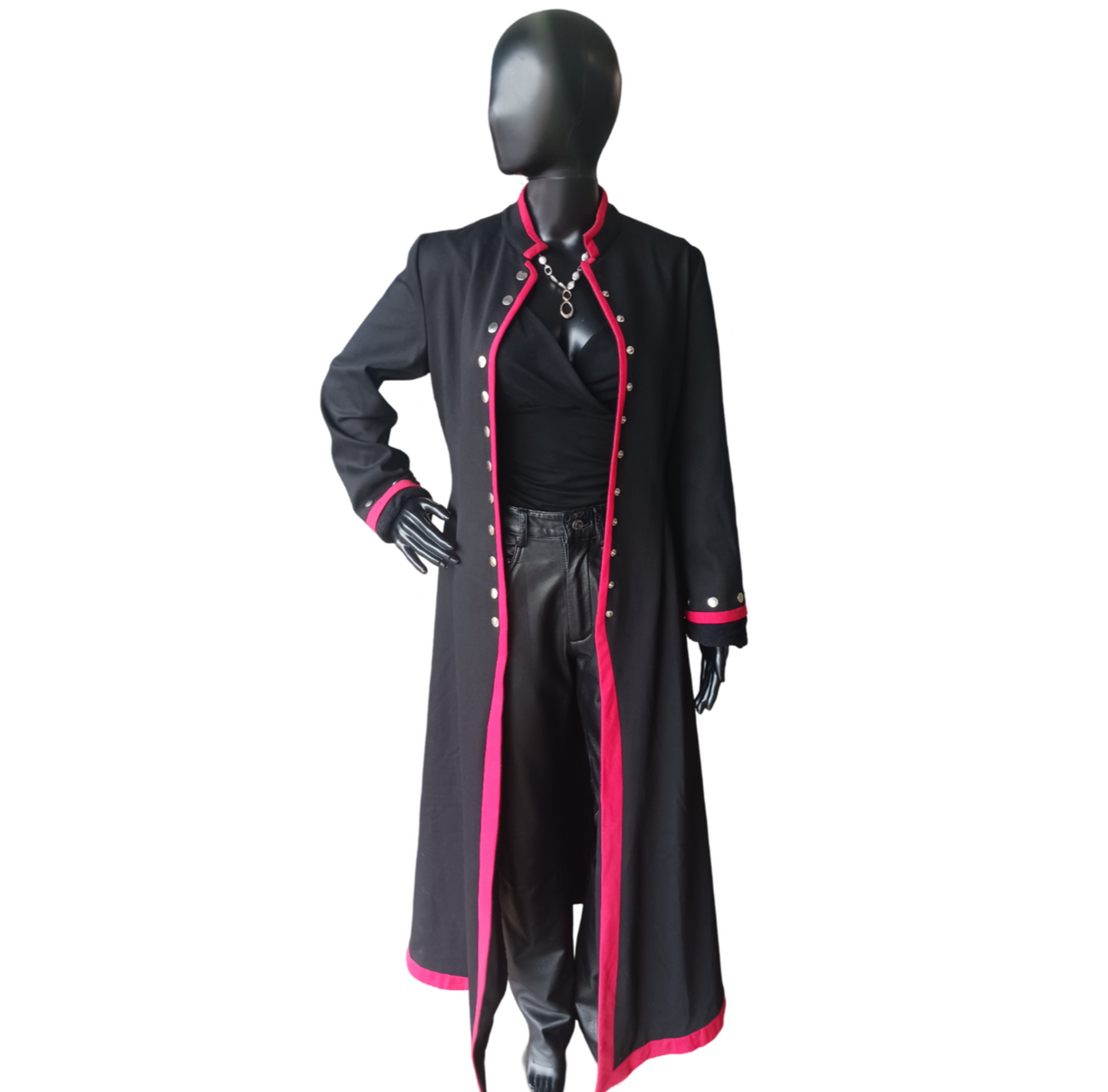 Katia Black Long Coat, Red Trim, Size Small