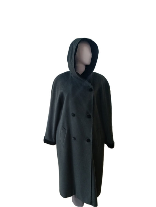 Preston & York Long Wool Coat, Dark Green, Black Velvet Trim, Size 18