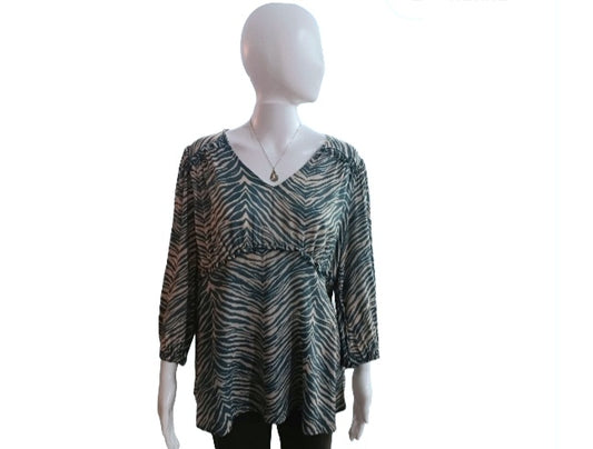 New Directions Zebra Print Top, Teal, Cream, Size Medium