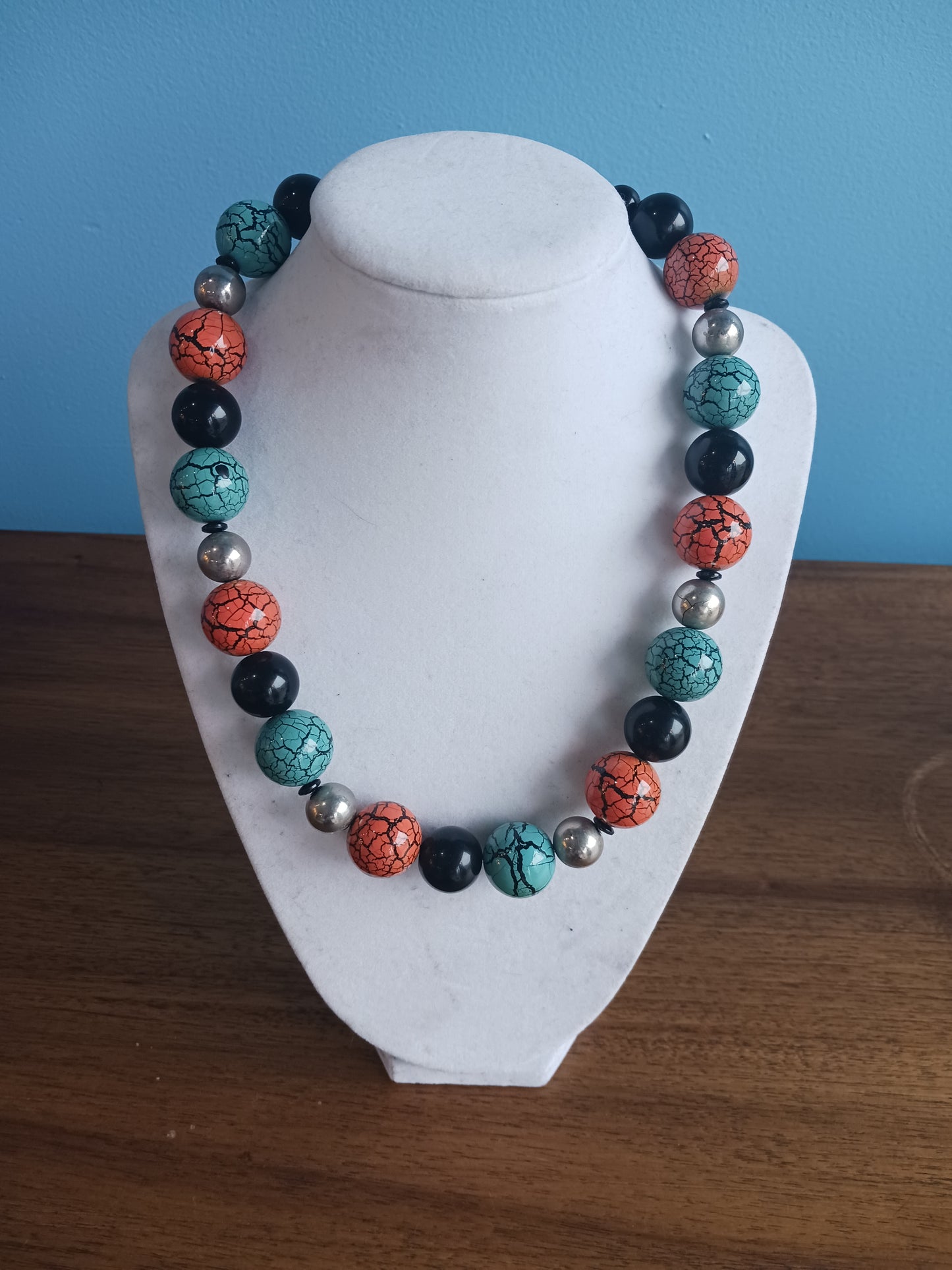 Black/Orange/Silver/Blue Beaded Necklace