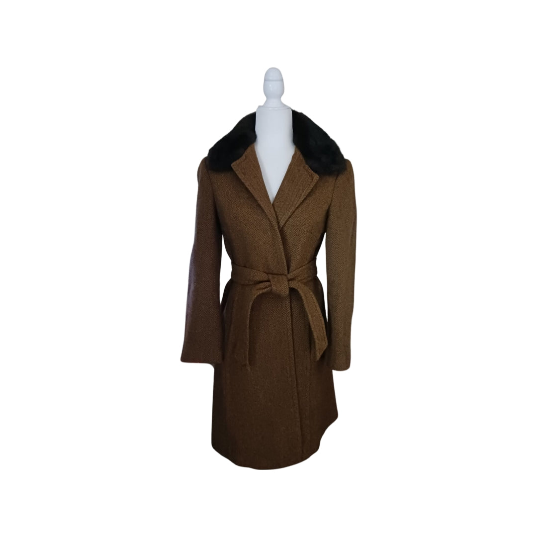 Trina Turk Belted Wrap Coat, Faux Fur Collar, Size 6