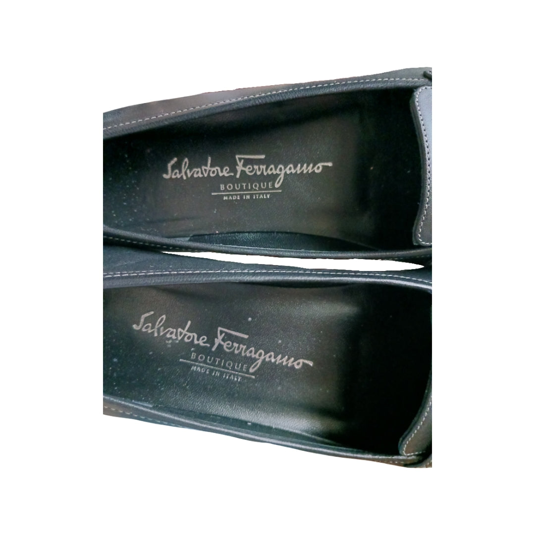 Salvatore Ferragamo Black Leather Loafers, Silver Hardware, Size 7 AA