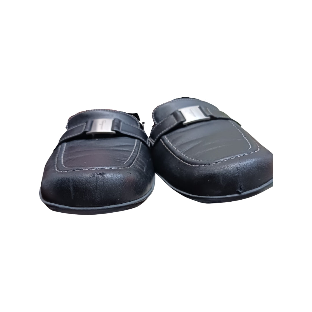 Salvatore Ferragamo Black Leather Loafers, Silver Hardware, Size 7 AA